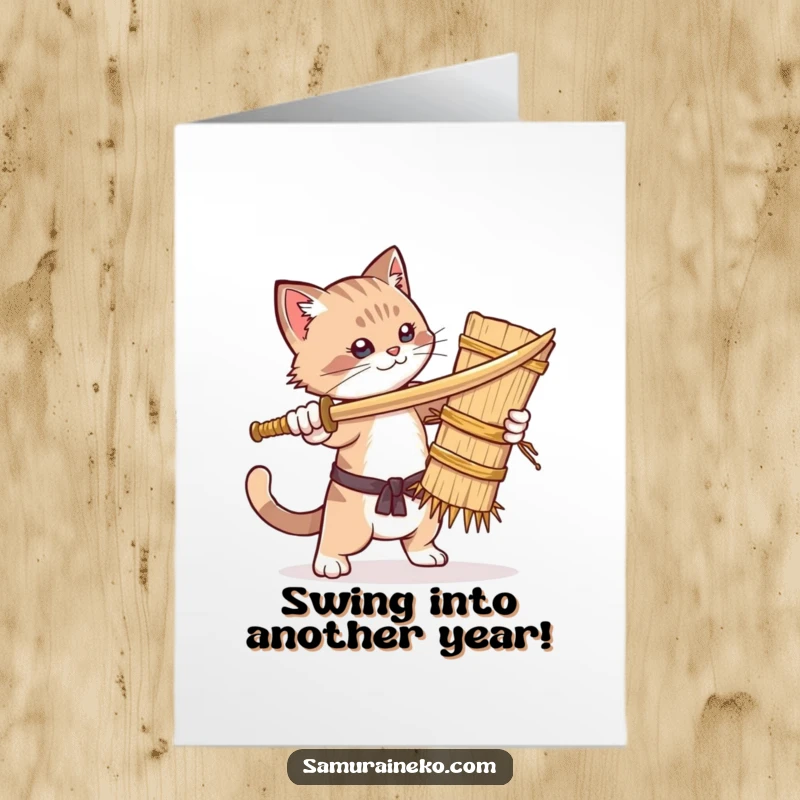 Funny Free Printable Birthday Card: A determined cat hilariously spars with a straw dummy using a wooden sword.