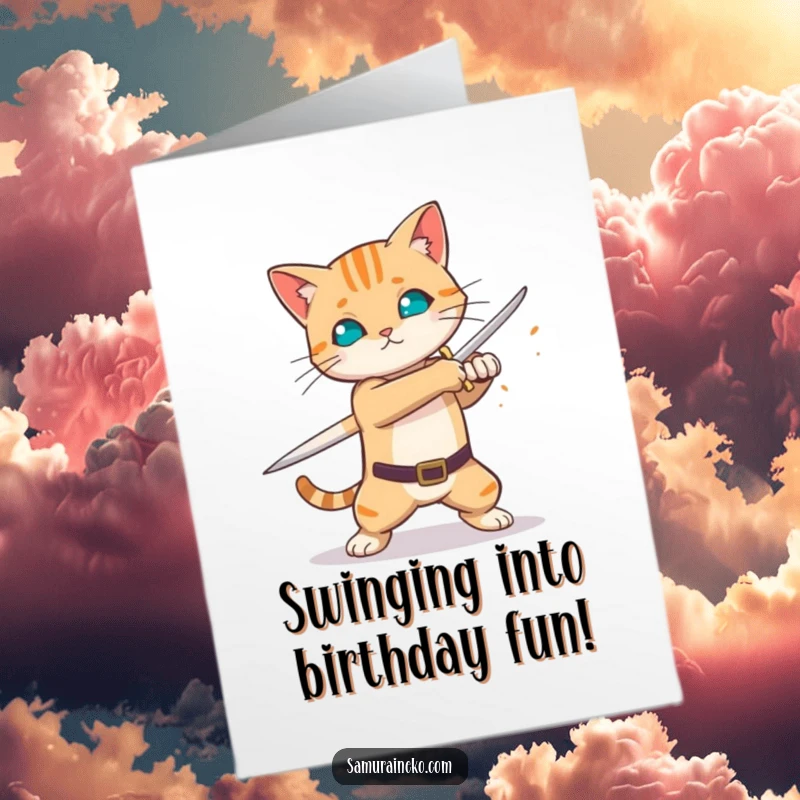 Funny Free Printable Birthday Card: A cat swings its sword with speed, creating sparks from the blade.