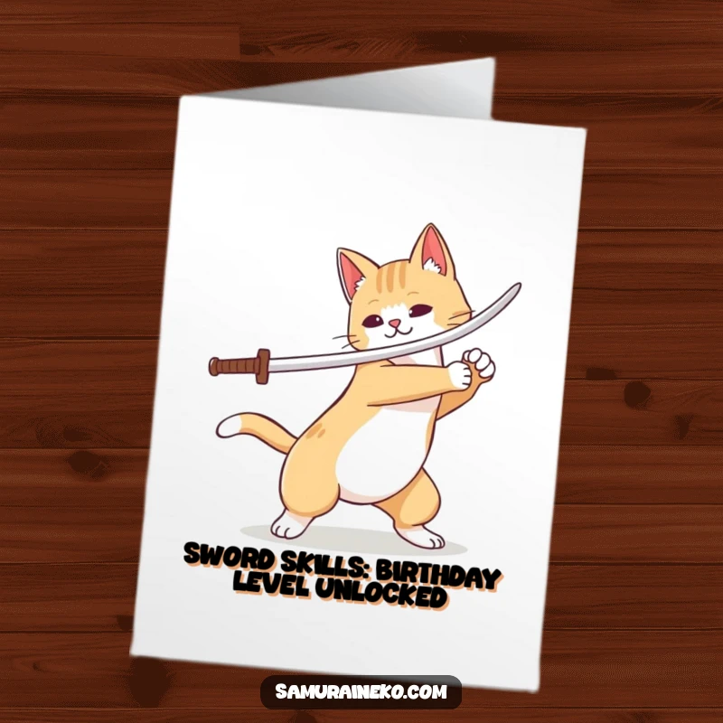 Funny Free Printable Birthday Card: A cat with a wagging tail performs a playful sword flourish, ready to celebrate with humor.