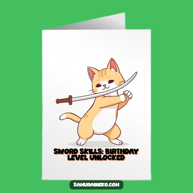 Free Printable Funny Birthday Card: Cat Swordsman Flourish - Hilarious Downloadable Gift