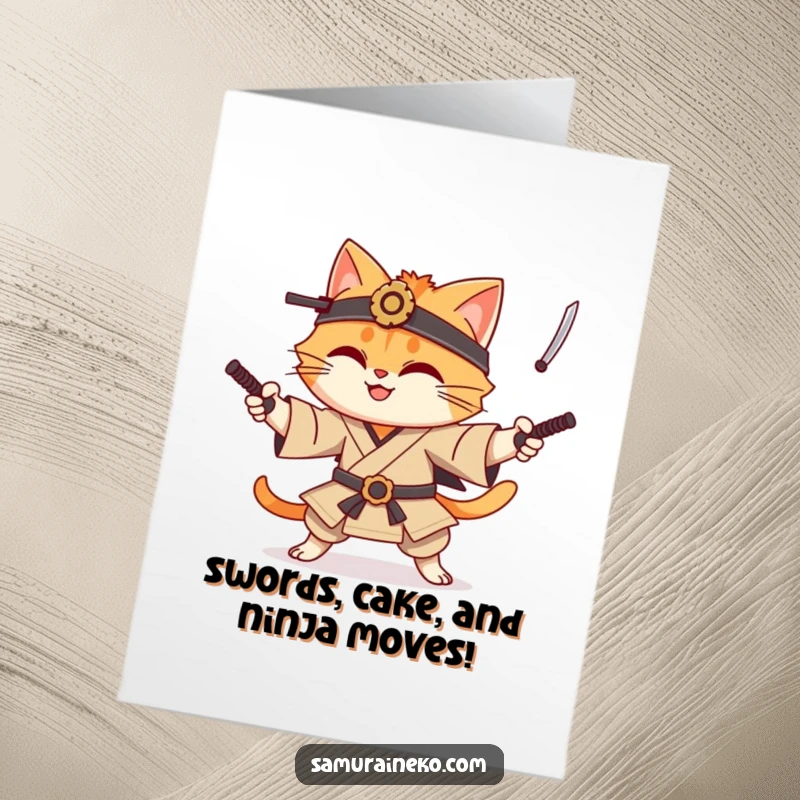 Funny free printable birthday card: A smiling cat samurai expertly juggles sharp katanas, ready for a birthday bash.