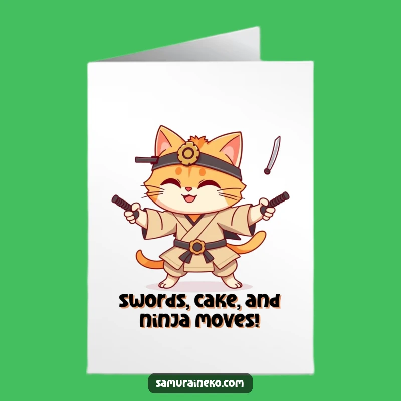 Free Printable Cat Samurai Birthday Card: Funny Juggling Katanas Digital Download Gift