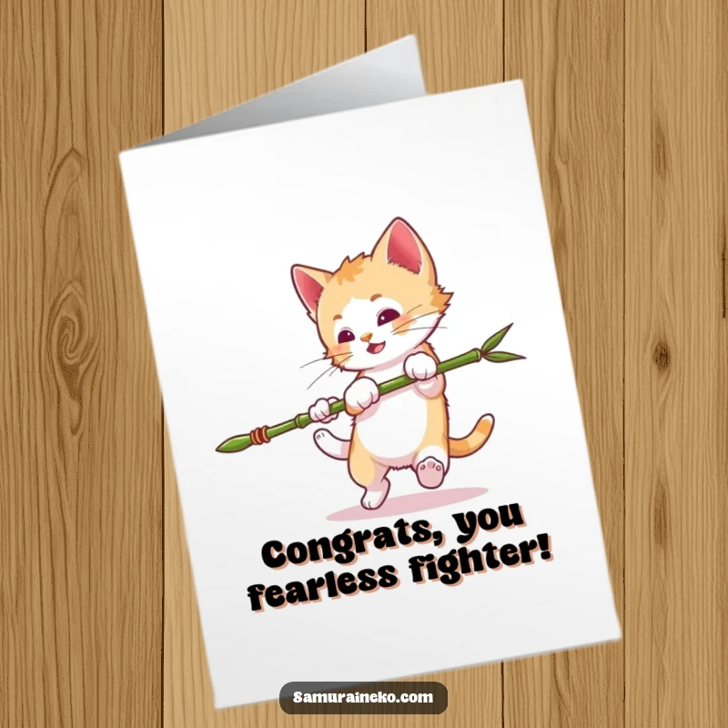 Funny Free Printable Congratulations Card showing a small kitten daringly doing a somersault, armed with a tiny bamboo spear.
