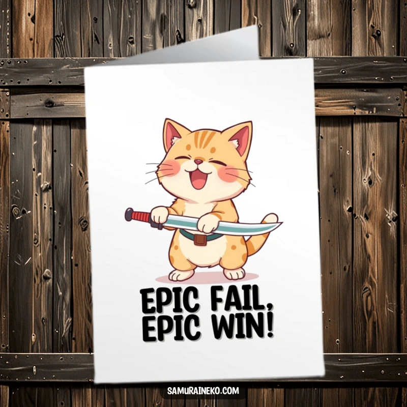 Funny Free Printable Congratulations Card: A cat is rolling on the floor laughing after making a comical, clumsy sword swing.