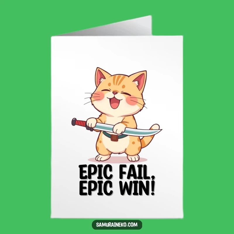 Free Printable Congrats Card: Giggles Cat Swordsman - Download Now!