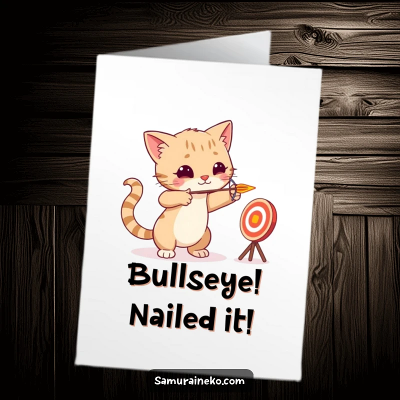 Free Printable Congratulations Card: A skilled cat archer precisely aims an arrow, celebrating a successful milestone with flair.