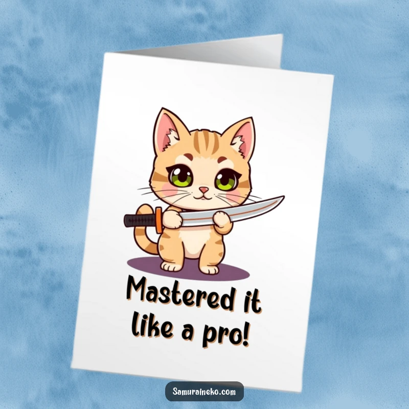 Funny Free Printable Congratulations Card: A curious cat grips a tiny katana with pride, eyes wide with accomplishment.