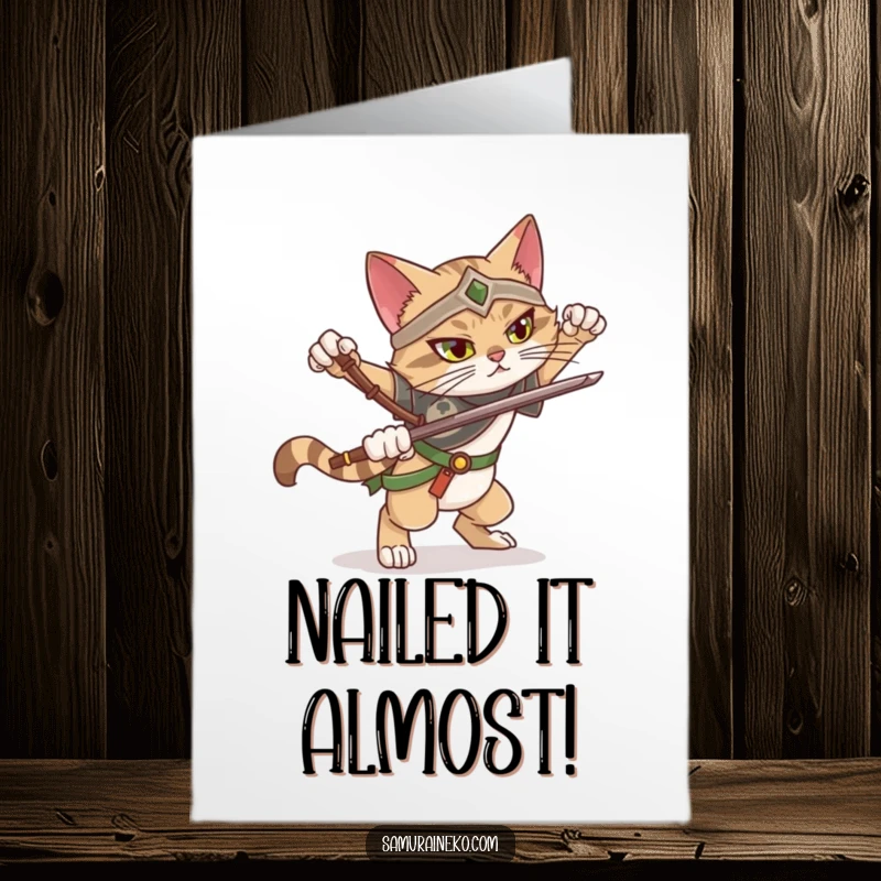 Funny Free Printable Congratulations Card of a determined cat warrior attempting a grand pose but wobbling precariously.
