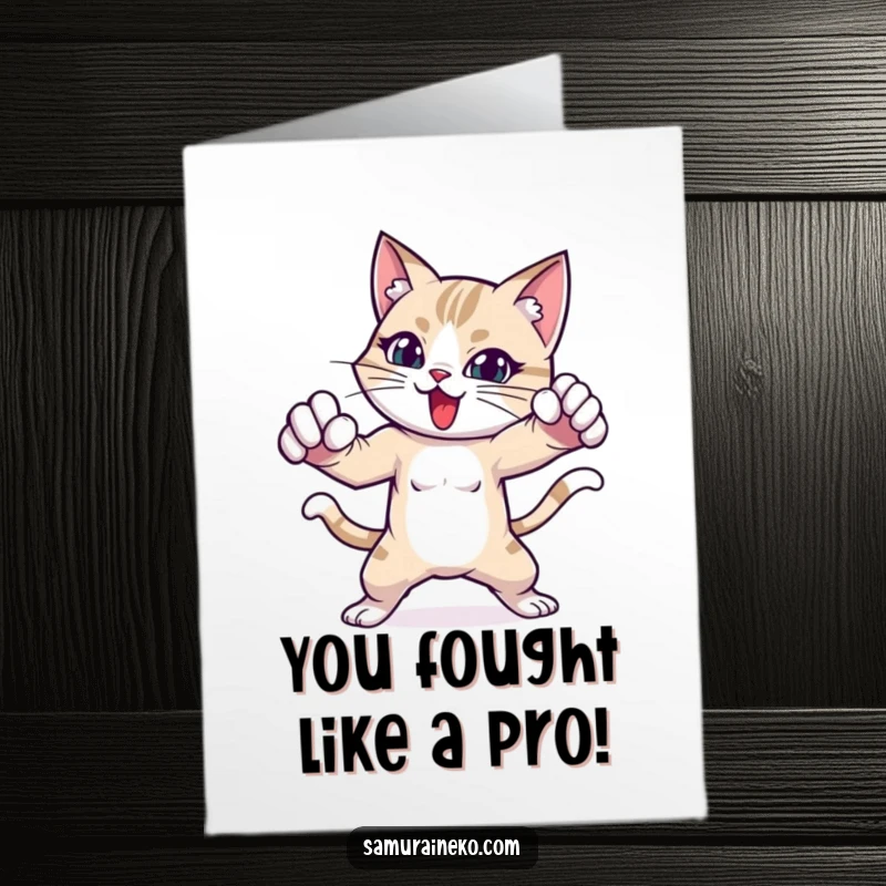 Funny Free Printable Congrats Card: A cat character striking a powerful fighting pose for their success.