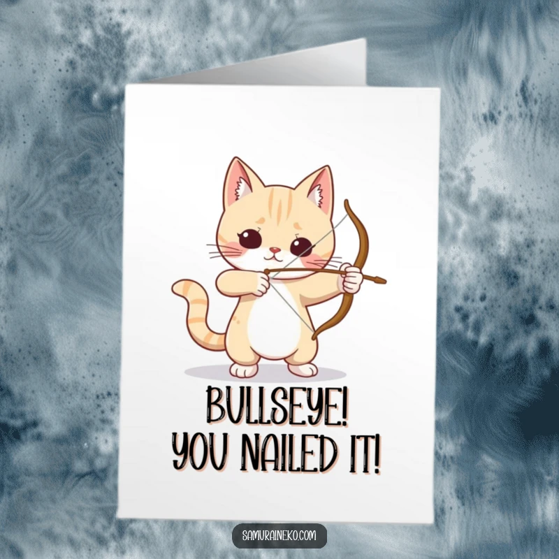 Funny Free Printable Congratulations Card: A cat with a tiny bow aiming with intense focus, celebrating success.