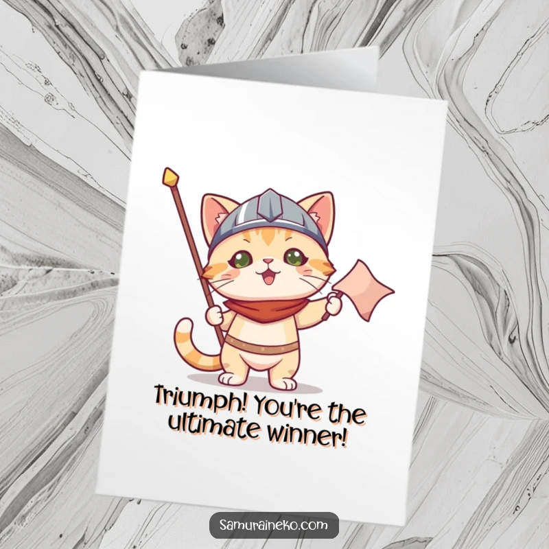 Free printable congratulations card featuring a determined cat in a helmet, proudly holding a winning banner.