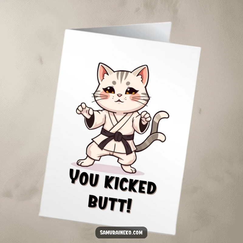Funny Free Printable Congratulations Card: A happy cat with a wagging tail executes a perfect karate pose.