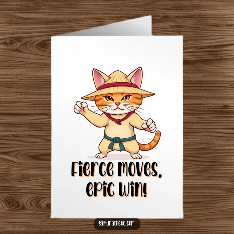 Funny Free Printable Congratulations Card of a determined cat in a straw hat practicing a martial arts stance.