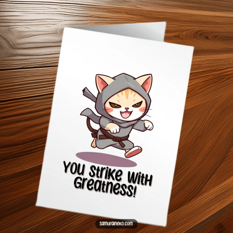 Funny Free Printable Congratulations Card: A cat ninja leaping silently from a shadow, sporting a super mischievous grin of victory.