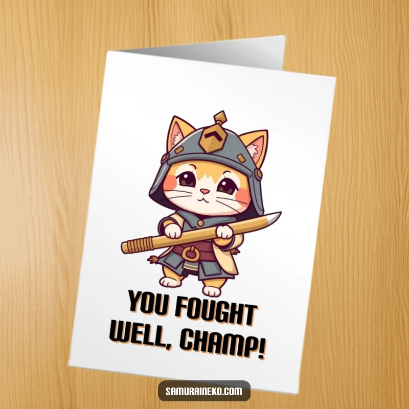 Free Printable Congratulations Card: A determined cat in a tiny helmet holds a bamboo sword, celebrating a grand achievement.
