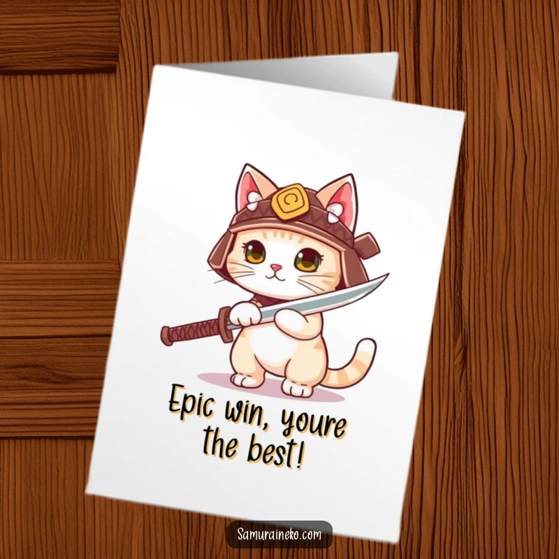 Funny Free Printable Congrats Card: A small cat samurai with helmet unsheathes a sword, symbolizing readiness and achievement.