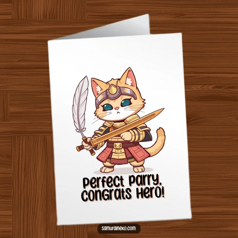 Funny Free Printable Congrats Card: A cat dressed in samurai armor skillfully deflects a feather using a tiny wooden sword.