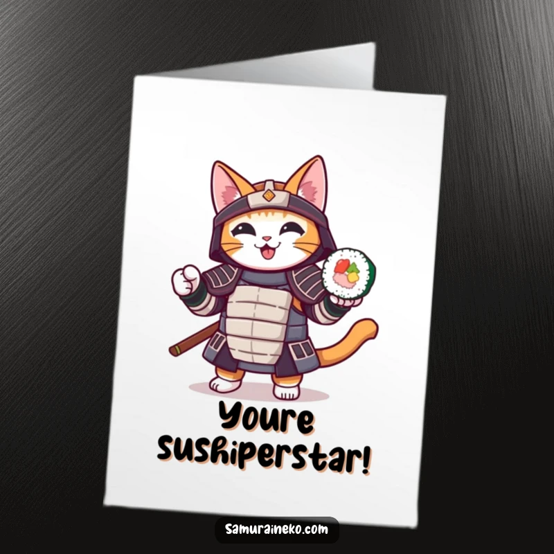 Funny Free Printable Congratulations Card: A fierce yet cheerful samurai cat brandishes a delicious sushi roll to celebrate.