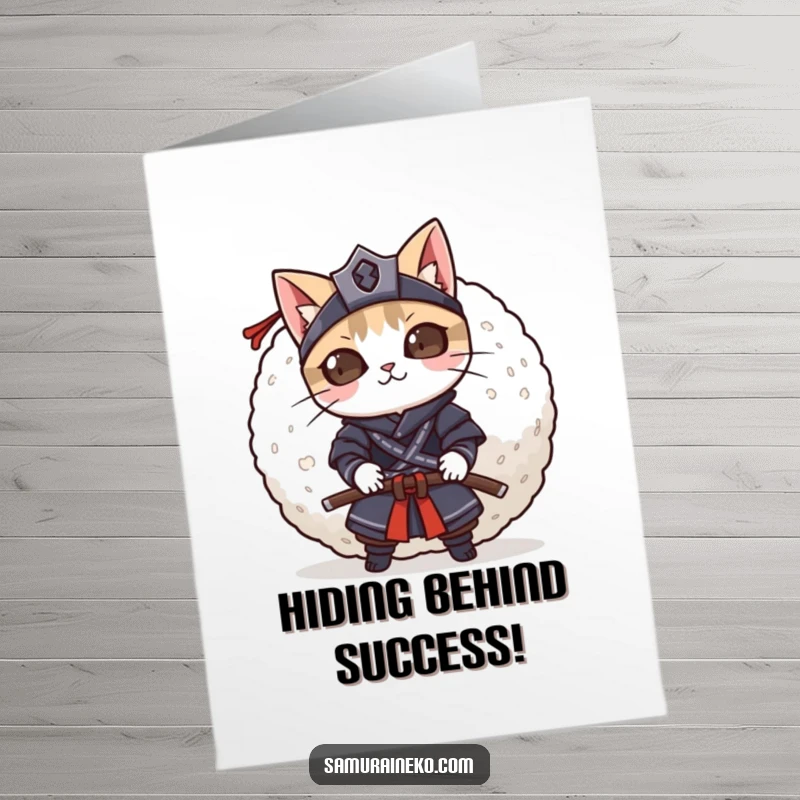 Funny Free Printable Congratulations Card: Playful cat samurai character hiding behind an oversized rice ball, ready to pounce.
