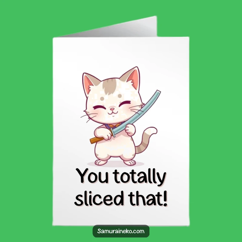 Free Printable Congrats Card: Victorious Cat Duelist, Bamboo Sword, Downloadable Gift