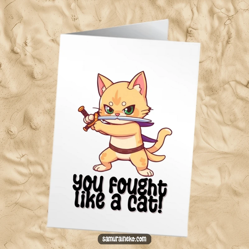 Funny Free Printable Warrior Cat Congratulations Card, brandishing a sword in a victorious battle stance, celebrating a hard-won achievement.