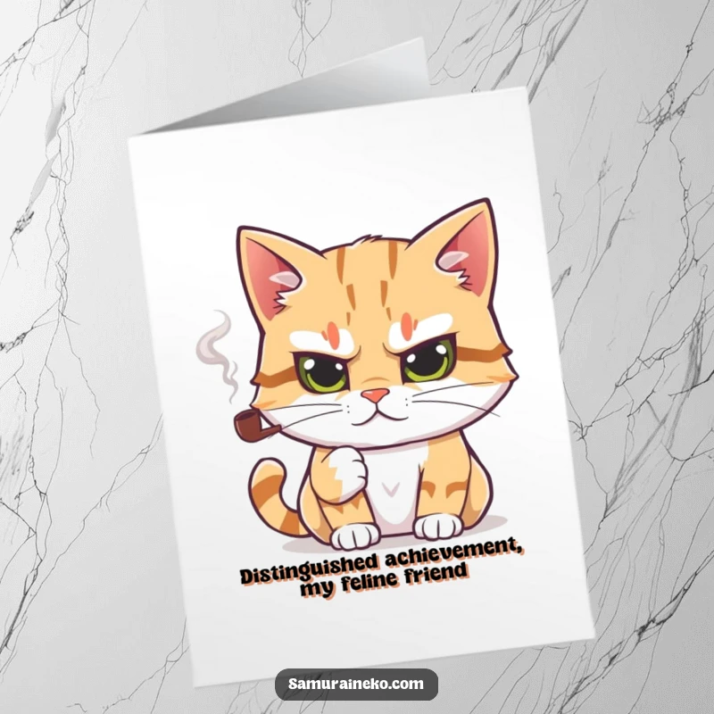 Funny Free Printable Congratulations Card: Cat with Pipe and Determined Gaze Celebrating Success
