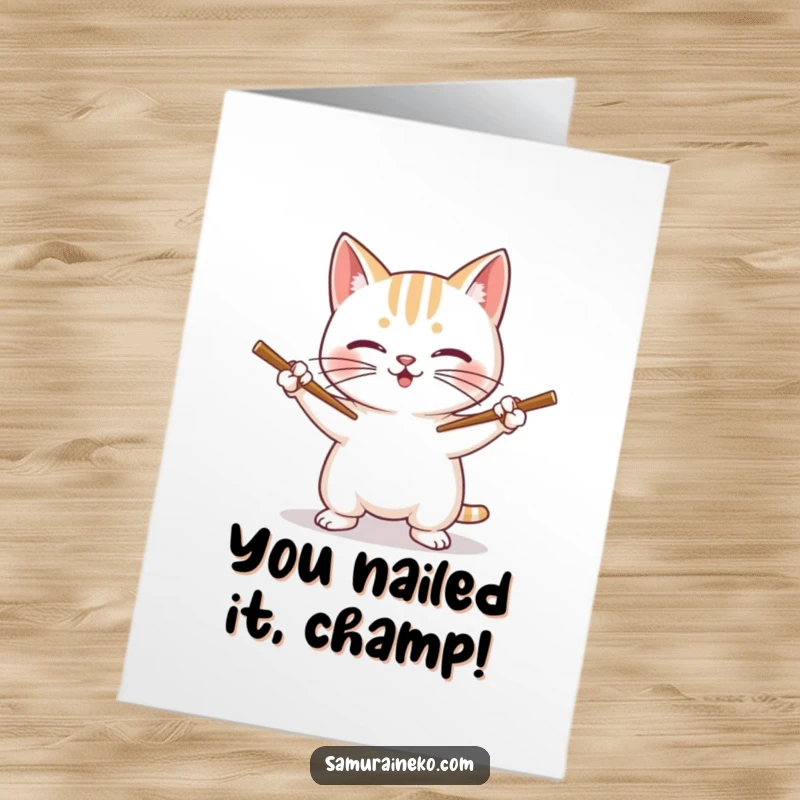 Funny free printable congratulations card showing a determined cat warrior ready for action with chopsticks as tiny swords.