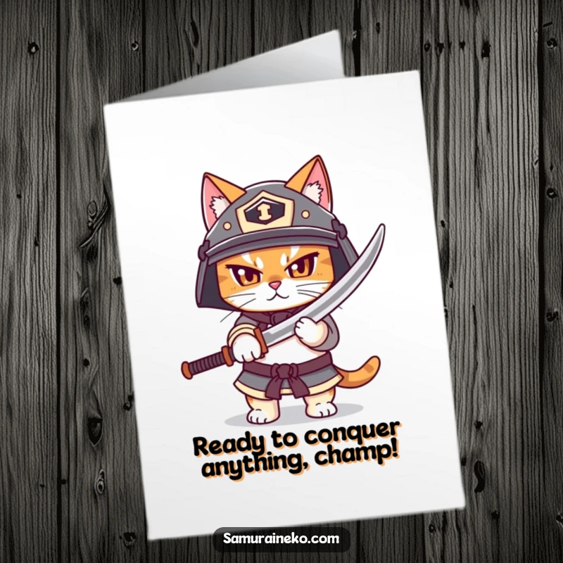 Funny Free Printable Congratulations Card: Helmeted Cat Warrior Proudly Unsheathing Small Katana