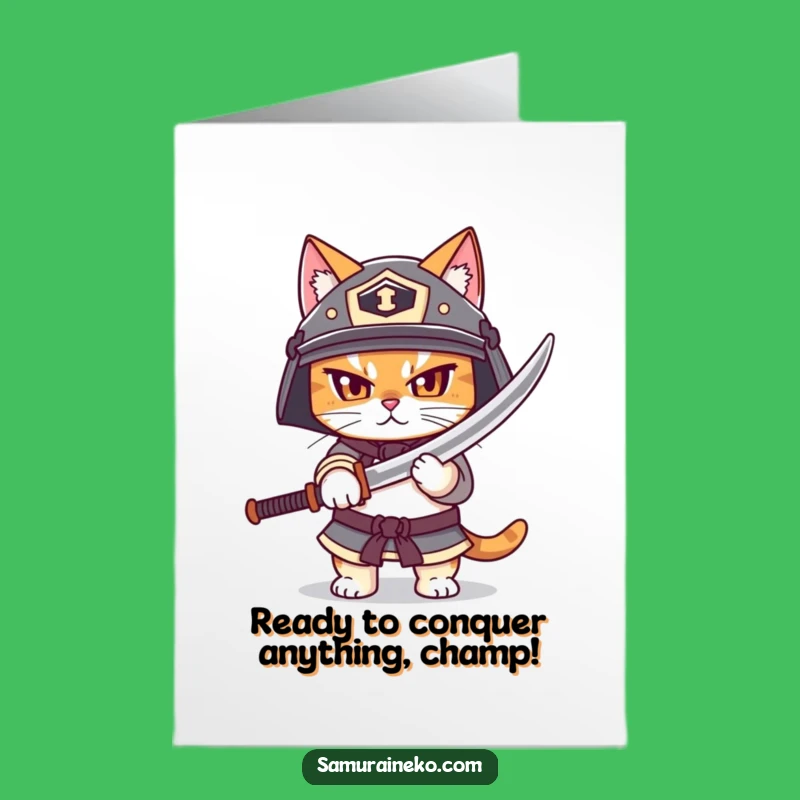 Free Printable Congratulations Card: Samurai Cat Victory - Humorous Downloadable Gift
