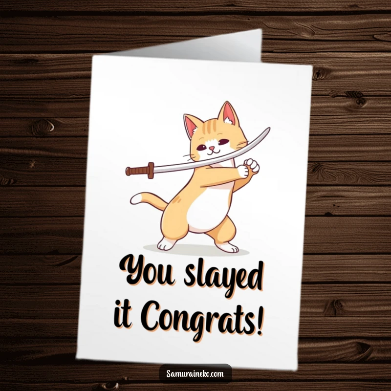 Funny Free Printable Congrats Card: A triumphant cat with a wagging tail executes a playful sword flourish, celebrating victory.