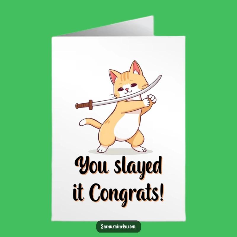 Free Printable Funny Congrats Card: Cat Swordsman Victory Flourish - Downloadable Gift