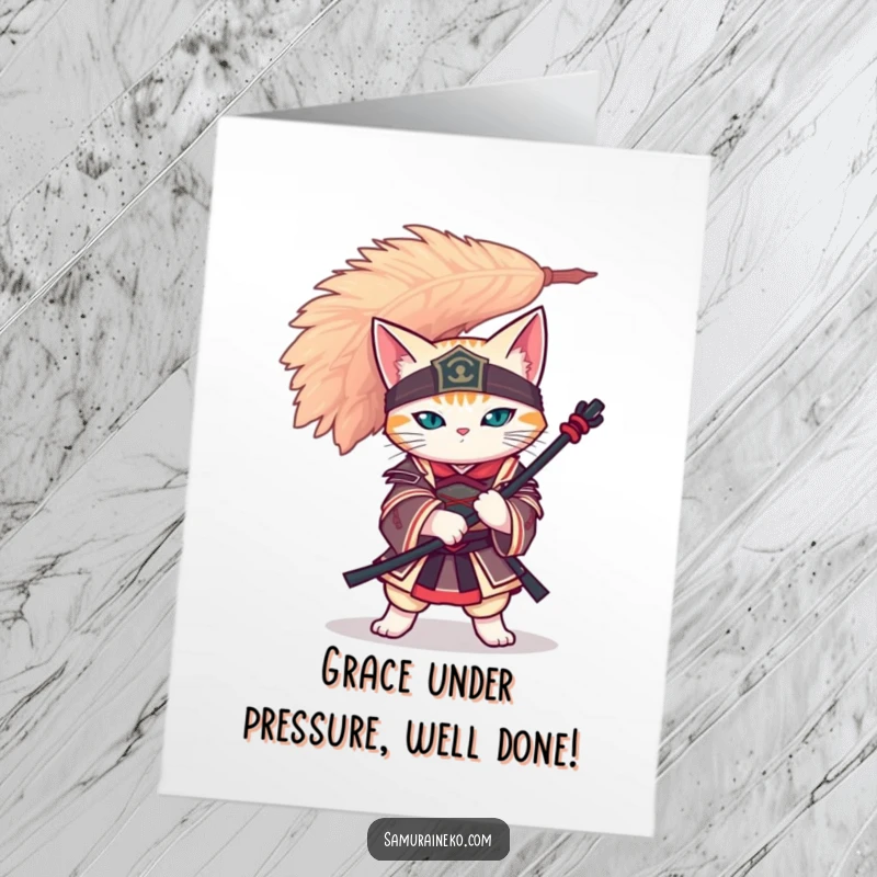 Free Printable Congratulations Card: A cat samurai masterfully balances a large feather on its head, celebrating a grand success.