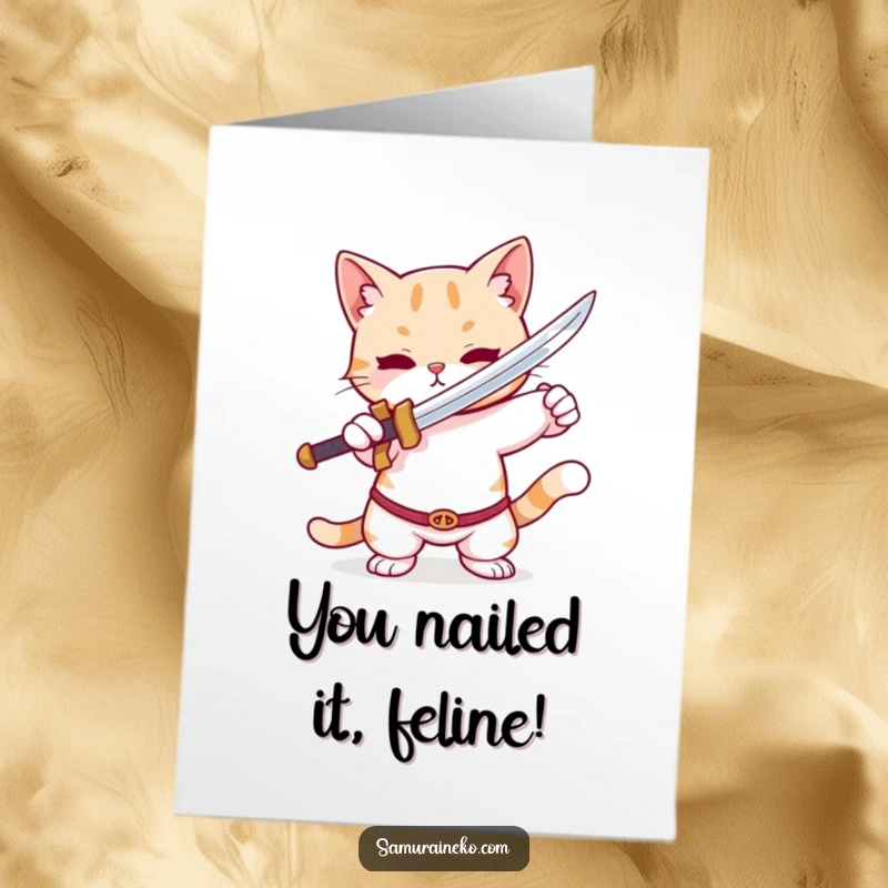 Funny Free Printable Congrats Card: A cute cat with a small sword striking a confident, playful pose for congratulations.