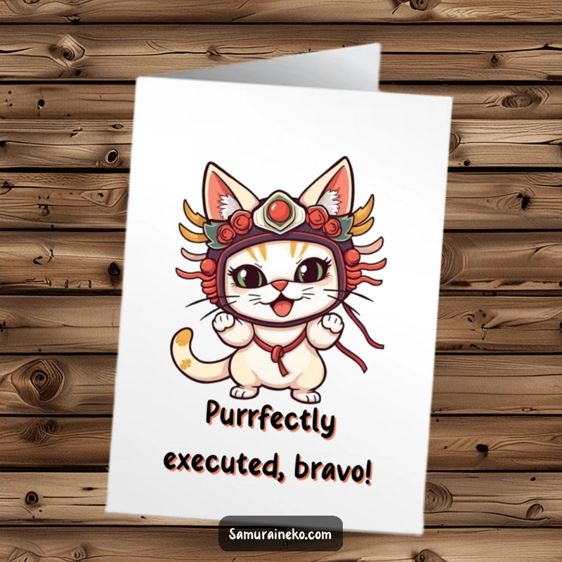Funny Free Printable Congratulations Card: A cat in a traditional mask striking a hilariously dramatic and funny pose to convey congratulations.