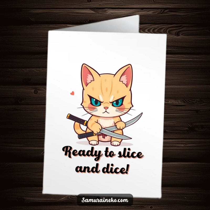 Funny Free Printable Congratulations Card showing a determined cat drawing a small katana, ready for victory.