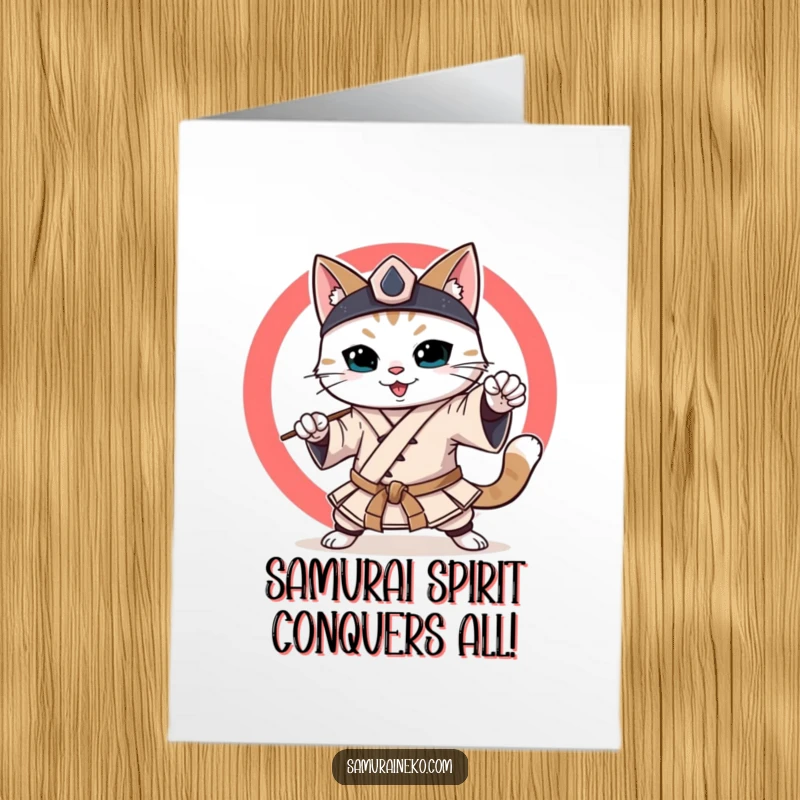 Funny Free Printable Congratulations Card: Cat in samurai outfit, smiling and practicing martial arts to celebrate.