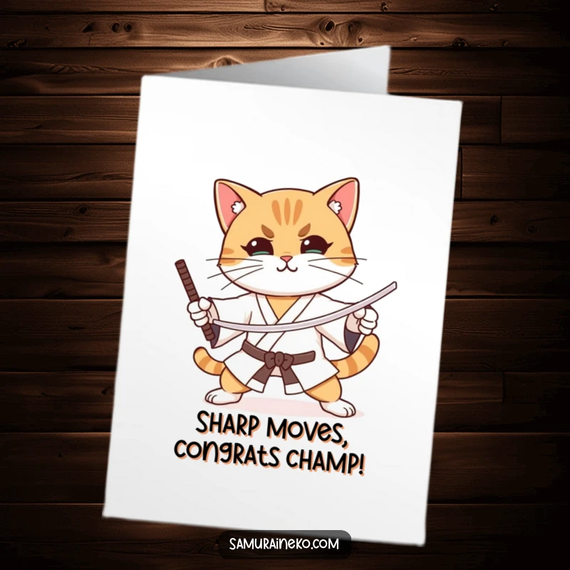Funny Free Printable Congrats Card: A cat demonstrates intense focus while practicing sword stances, a subtle smile showing confidence.