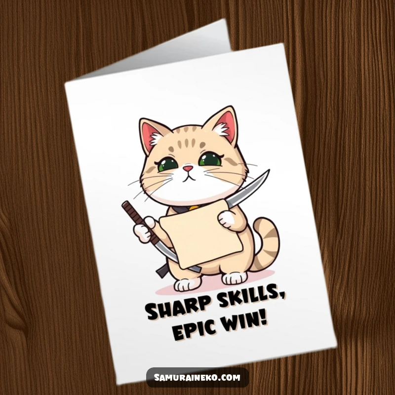Funny free printable congratulations card: A cat proudly displays a miniature katana and a small scroll.