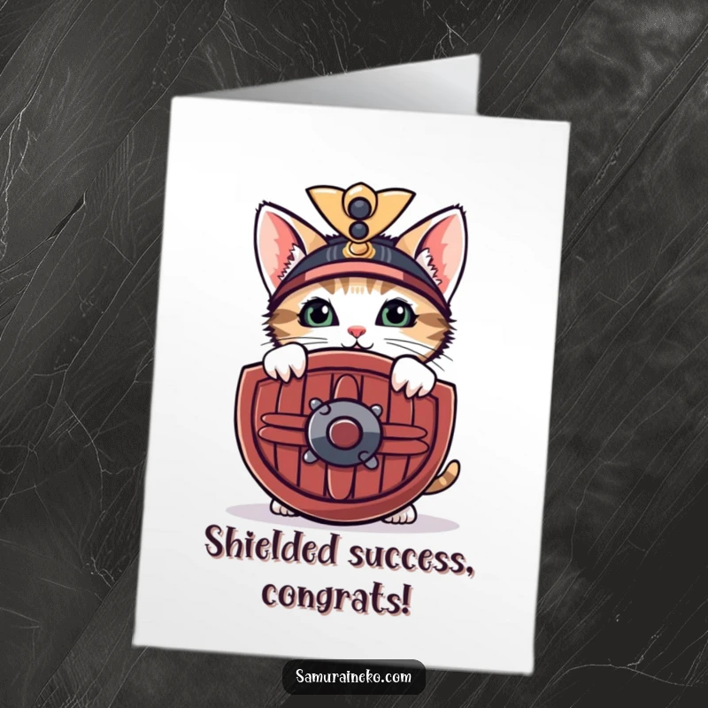 Funny Free Printable Congratulations Card: Curious kitten peeking from behind a miniature samurai shield with a shy smile, acknowledging victory.