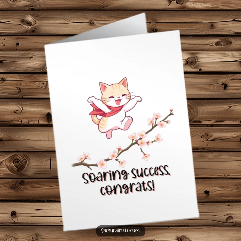 Funny Free Printable Congratulations Card: A heroic cat leaps gracefully over a fallen cherry blossom branch, celebrating a triumphant achievement.