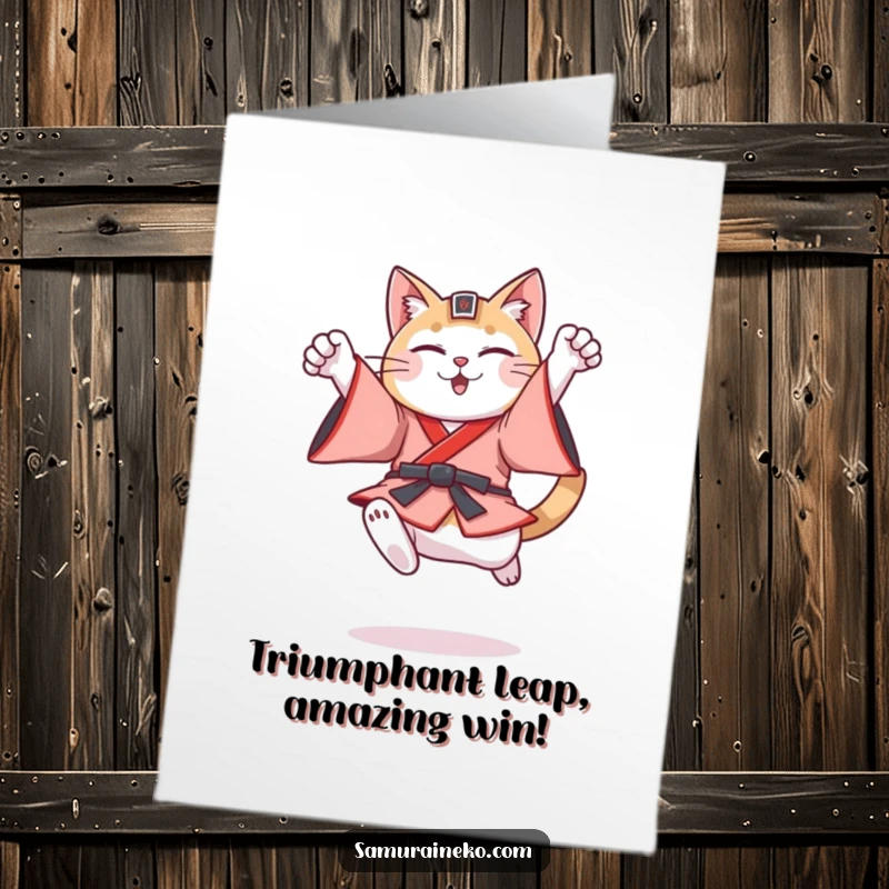 Funny free printable congratulations card: A cat dressed as a samurai executes a triumphant leap in mid-air.