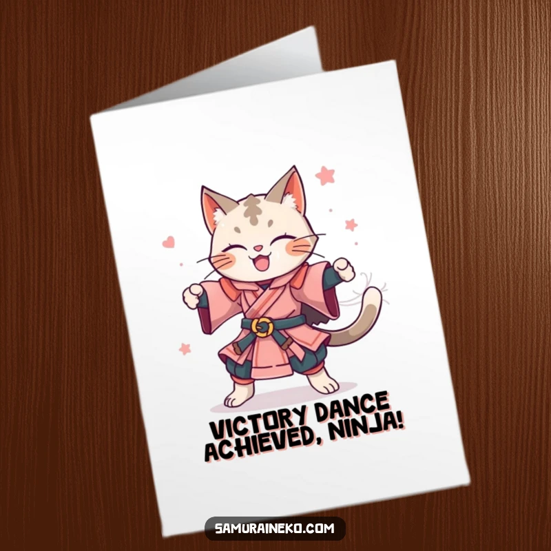 Funny Free Printable Congratulations Card: Cat samurai performing an ecstatic celebratory spin after a big win.
