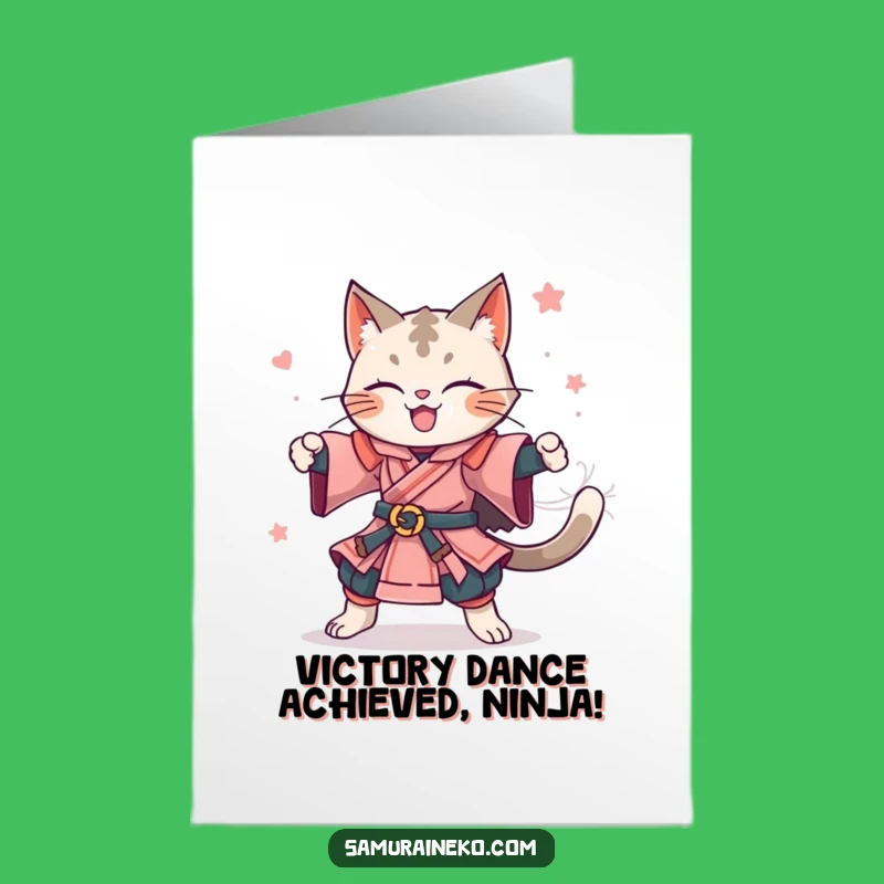 Free Printable Congrats Card: Cat Samurai Celebrates Victory with a Spin!
