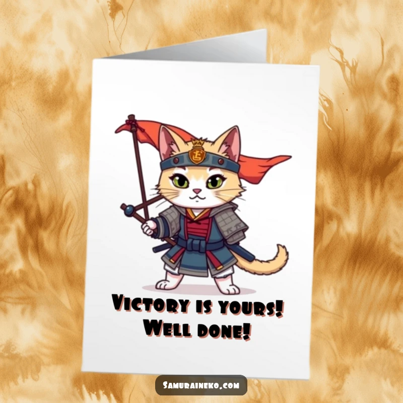 Funny Free Printable samurai cat card in a heroic pose, ideal for congratulating any champion with flair.