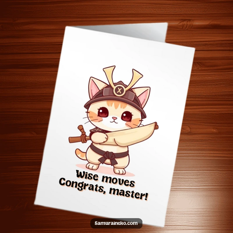 Funny Free Printable Congratulations Card: A samurai cat with a helmet and scroll celebrates an achievement with honor.