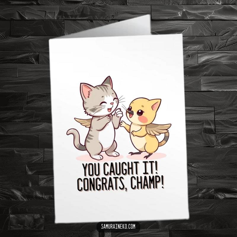 Free printable congratulations card showing a cat triumphantly sparring with a timid sparrow, a funny celebration.