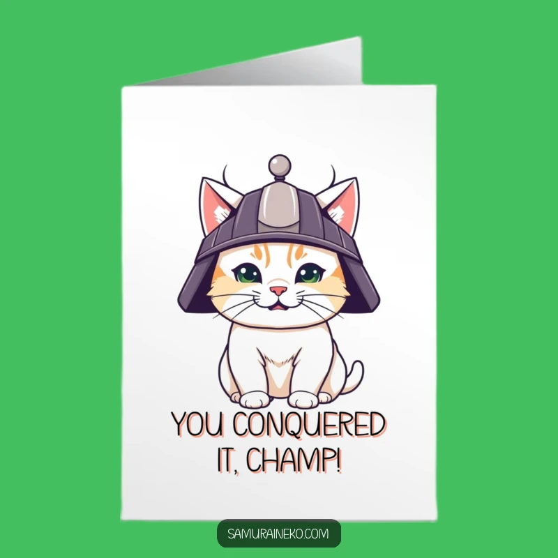 Free Printable Congrats Card: Samurai Cat Victor, Grinning Warrior, Downloadable Celebration Gift