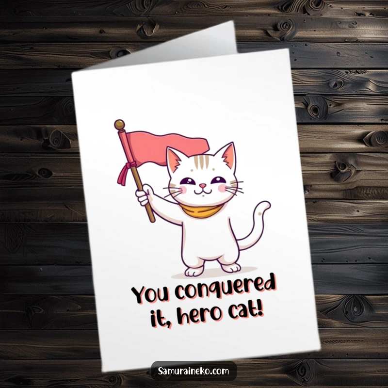 Funny Free Printable Congratulations Card: A heroic cat proudly displays a miniature banner, saluting a grand achievement, perfect for celebrations.