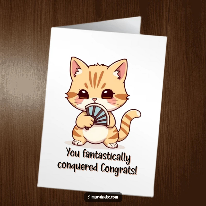 Funny Free Printable Congrats Card: A cat, wielding a small battle fan, stands triumphantly after a whimsical duel, celebrating victory.