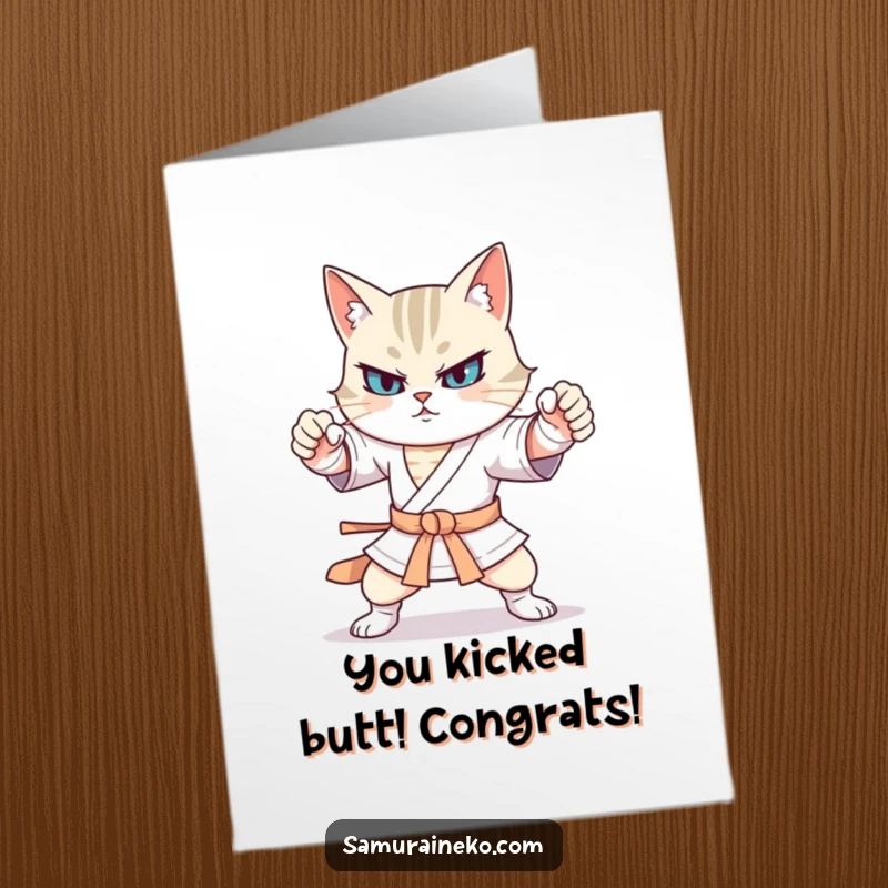 Funny Free Printable Congrats Card: A cat warrior performs exaggerated, humorous combat stances, celebrating achievement with funny energy.